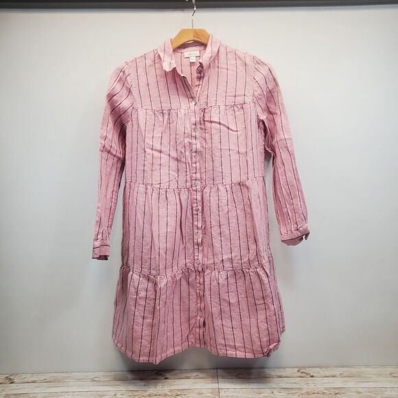 J. Jill Love Linen Dress Women's Size XS Pink Tulip Multi Striped Tiered‎ - Picture 1 of 6